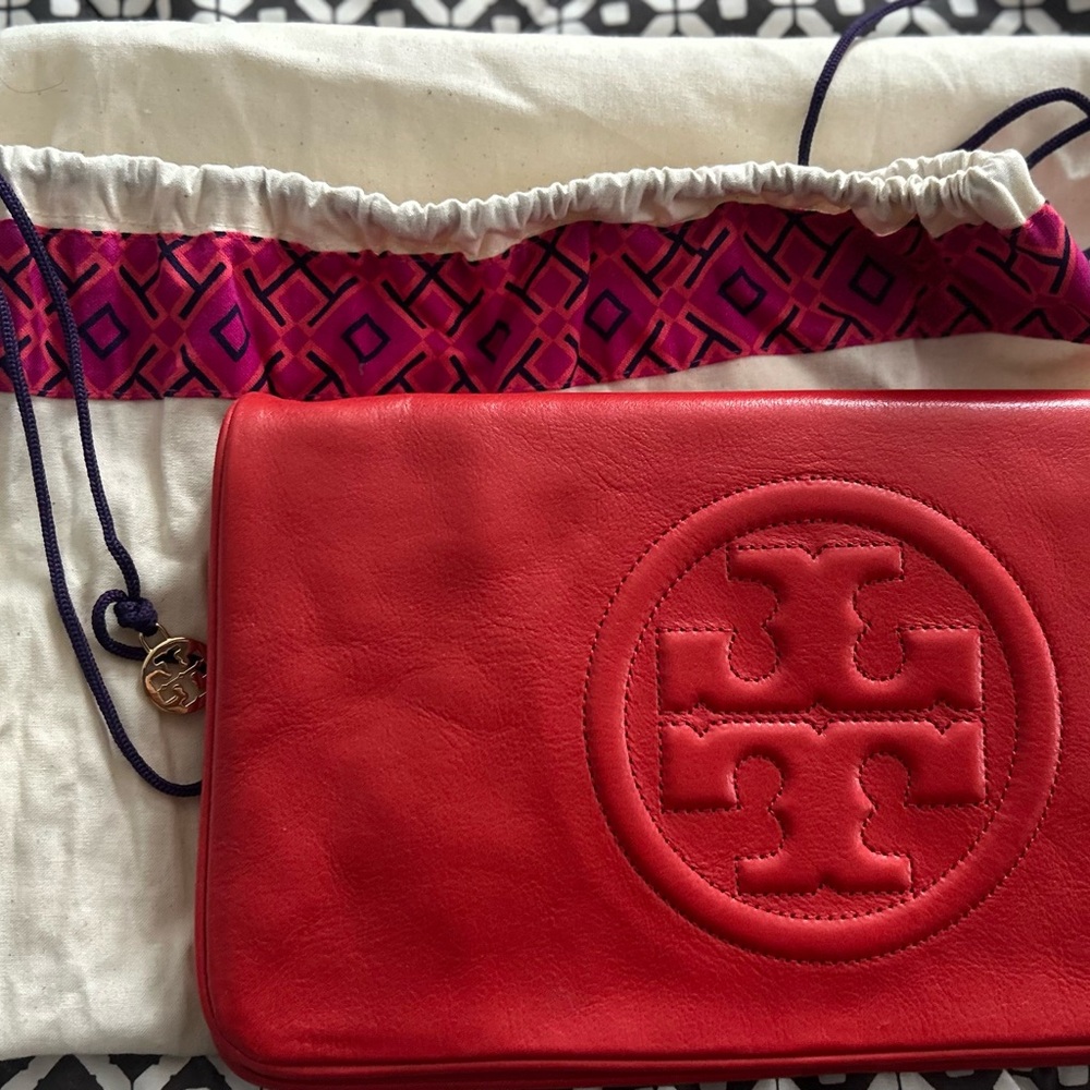 Tory Burch Red Embossed Leather Clutch
